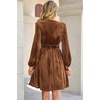 image:imageRVivimos Womens Fall Winter Velvet Striped Mini Dress 2026 Long Sleeve V Neck Elastic High Waist Elegant Casual ALine DressBrown