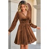image:imageRVivimos Womens Fall Winter Velvet Striped Mini Dress 2026 Long Sleeve V Neck Elastic High Waist Elegant Casual ALine DressBrown