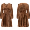 image:imageRVivimos Womens Fall Winter Velvet Striped Mini Dress 2026 Long Sleeve V Neck Elastic High Waist Elegant Casual ALine DressBrown