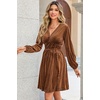 image:imageRVivimos Womens Fall Winter Velvet Striped Mini Dress 2026 Long Sleeve V Neck Elastic High Waist Elegant Casual ALine DressBrown