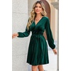 image:imageRVivimos Womens Fall Winter Velvet Striped Mini Dress 2026 Long Sleeve V Neck Elastic High Waist Elegant Casual ALine DressDark Green