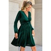 image:imageRVivimos Womens Fall Winter Velvet Striped Mini Dress 2026 Long Sleeve V Neck Elastic High Waist Elegant Casual ALine DressDark Green