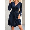 image:imageRVivimos Womens Fall Winter Velvet Striped Mini Dress 2026 Long Sleeve V Neck Elastic High Waist Elegant Casual ALine DressNavy Blue
