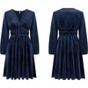 image:imageRVivimos Womens Fall Winter Velvet Striped Mini Dress 2026 Long Sleeve V Neck Elastic High Waist Elegant Casual ALine DressNavy Blue