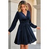 image:imageRVivimos Womens Fall Winter Velvet Striped Mini Dress 2026 Long Sleeve V Neck Elastic High Waist Elegant Casual ALine DressNavy Blue