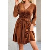 image:imageRVivimos Womens Fall Winter Velvet Striped Mini Dress 2026 Long Sleeve V Neck Elastic High Waist Elegant Casual ALine DressRust