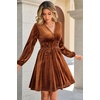 image:imageRVivimos Womens Fall Winter Velvet Striped Mini Dress 2026 Long Sleeve V Neck Elastic High Waist Elegant Casual ALine DressRust