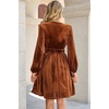 image:imageRVivimos Womens Fall Winter Velvet Striped Mini Dress 2026 Long Sleeve V Neck Elastic High Waist Elegant Casual ALine DressRust