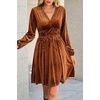 image:imageRVivimos Womens Fall Winter Velvet Striped Mini Dress 2026 Long Sleeve V Neck Elastic High Waist Elegant Casual ALine DressRust