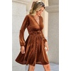 image:imageRVivimos Womens Fall Winter Velvet Striped Mini Dress 2026 Long Sleeve V Neck Elastic High Waist Elegant Casual ALine DressRust