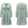 image:imageRVivimos Womens Fall Winter Velvet Striped Mini Dress 2026 Long Sleeve V Neck Elastic High Waist Elegant Casual ALine DressSage Green
