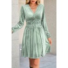 image:imageRVivimos Womens Fall Winter Velvet Striped Mini Dress 2026 Long Sleeve V Neck Elastic High Waist Elegant Casual ALine DressSage Green