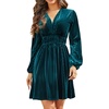 image:imageRVivimos Womens Fall Winter Velvet Striped Mini Dress 2026 Long Sleeve V Neck Elastic High Waist Elegant Casual ALine DressTeal