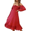 image:imageRVivimos Womens Linen Fall Long Sleeves Stripes Ruffled Boho Casual ALine Flowy Midi DressesBurgundy