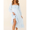 image:imageRVivimos Womens Linen Fall Long Sleeves Stripes Ruffled Boho Casual ALine Flowy Midi DressesSkyblue