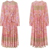 image:imageRVivimos Womens Long Sleeve Boho Floral Print Dress Crew Neck Button Down Casual Loose Slit Flowy Midi Dress with BeltCoralpink