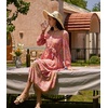 image:imageRVivimos Womens Long Sleeve Boho Floral Print Dress Crew Neck Button Down Casual Loose Slit Flowy Midi Dress with BeltCoralpink