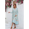 image:imageRVivimos Womens Long Sleeve Boho Floral Print Dress Crew Neck Button Down Casual Loose Slit Flowy Midi Dress with BeltSkyblue