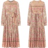 image:imageRVivimos Womens Long Sleeve Boho Floral Print Dress Crew Neck Button Down Casual Loose Slit Flowy Midi Dress with BeltTan