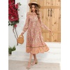 image:imageRVivimos Womens Long Sleeve Boho Floral Print Dress Crew Neck Button Down Casual Loose Slit Flowy Midi Dress with BeltTan