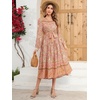 image:imageRVivimos Womens Long Sleeve Boho Floral Print Dress Crew Neck Button Down Casual Loose Slit Flowy Midi Dress with BeltTan