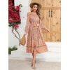 image:imageRVivimos Womens Long Sleeve Boho Floral Print Dress Crew Neck Button Down Casual Loose Slit Flowy Midi Dress with BeltTan