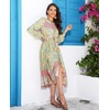 image:imageRVivimos Womens Long Sleeve Boho Floral Print Dress Crew Neck Button Down Casual Loose Slit Flowy Midi Dress with BeltTendergreen