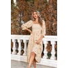 image:imageRVivimos Womens Long Sleeve Cotton Boho Midi Dress Vintage Square Neck Floral Embroidered Tiered Ruffle Flowy Pockets DressBeige