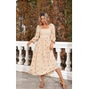 image:imageRVivimos Womens Long Sleeve Cotton Boho Midi Dress Vintage Square Neck Floral Embroidered Tiered Ruffle Flowy Pockets DressBeige