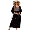 image:imageRVivimos Womens Long Sleeve Cotton Boho Midi Dress Vintage Square Neck Floral Embroidered Tiered Ruffle Flowy Pockets DressBlack