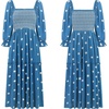 image:imageRVivimos Womens Long Sleeve Cotton Boho Midi Dress Vintage Square Neck Floral Embroidered Tiered Ruffle Flowy Pockets DressDarkblue