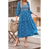 image:imageRVivimos Womens Long Sleeve Cotton Boho Midi Dress Vintage Square Neck Floral Embroidered Tiered Ruffle Flowy Pockets DressDarkblue