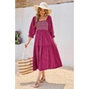 image:imageRVivimos Womens Long Sleeve Cotton Boho Midi Dress Vintage Square Neck Floral Embroidered Tiered Ruffle Flowy Pockets DressFuchsia