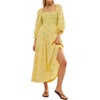 image:imageRVivimos Womens Long Sleeve Cotton Boho Midi Dress Vintage Square Neck Floral Embroidered Tiered Ruffle Flowy Pockets DressLight Yellow
