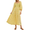 image:imageRVivimos Womens Long Sleeve Cotton Boho Midi Dress Vintage Square Neck Floral Embroidered Tiered Ruffle Flowy Pockets DressLight Yellow