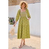 image:imageRVivimos Womens Long Sleeve Cotton Boho Midi Dress Vintage Square Neck Floral Embroidered Tiered Ruffle Flowy Pockets DressOlivegreen