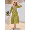 image:imageRVivimos Womens Long Sleeve Cotton Boho Midi Dress Vintage Square Neck Floral Embroidered Tiered Ruffle Flowy Pockets DressOlivegreen