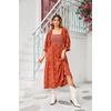 image:imageRVivimos Womens Long Sleeve Cotton Boho Midi Dress Vintage Square Neck Floral Embroidered Tiered Ruffle Flowy Pockets DressRustbrown