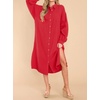 image:imageRVivimos Womens Long Sleeve Cotton Oversized Dress Casual Button Down Loose Slit Midi Dress with PocketRed
