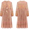 image:imageRVivimos Womens Long Sleeve Floral Print Retro V Neck Tassel Bohemian Midi DressesApricot