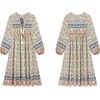 image:imageRVivimos Womens Long Sleeve Floral Print Retro V Neck Tassel Bohemian Midi DressesBeige