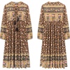 image:imageRVivimos Womens Long Sleeve Floral Print Retro V Neck Tassel Bohemian Midi DressesBrown