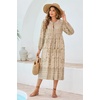 image:imageRVivimos Womens Long Sleeve Floral Print Retro V Neck Tassel Bohemian Midi DressesLightkhaki