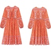 image:imageRVivimos Womens Long Sleeve Floral Print Retro V Neck Tassel Bohemian Midi DressesOrange2