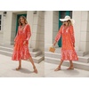 image:imageRVivimos Womens Long Sleeve Floral Print Retro V Neck Tassel Bohemian Midi DressesOrange2