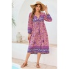 image:imageRVivimos Womens Long Sleeve Floral Print Retro V Neck Tassel Bohemian Midi DressesPink
