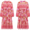 image:imageRVivimos Womens Long Sleeve Floral Print Retro V Neck Tassel Bohemian Midi DressesPink Red