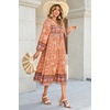 image:imageRVivimos Womens Long Sleeve Floral Print Retro V Neck Tassel Bohemian Midi DressesTangerine