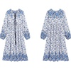image:imageRVivimos Womens Long Sleeve Floral Print Retro V Neck Tassel Bohemian Midi DressesWhiteblue