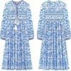 image:imageRVivimos Womens Long Sleeves Floral Print Retro V Neck Tassel Casual Bohemian Midi DressesAzureblue